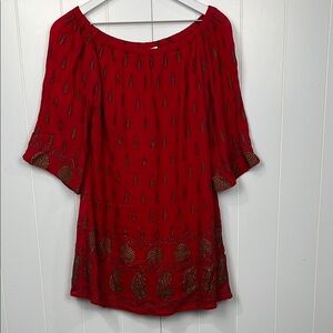 Lapogee Womens Tunic L Red/Gold Bell Sleeves Pullover Feather Design Lined Rayon